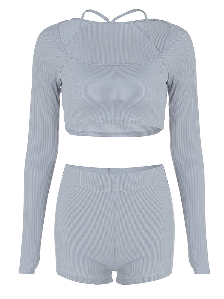 Knitted ribbed high elastic back sports fitness two-piece suit