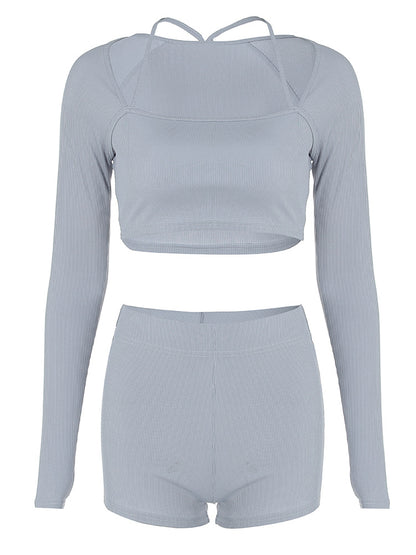 Knitted ribbed high elastic back sports fitness two-piece suit