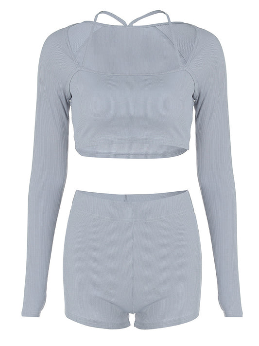 Knitted ribbed high elastic back sports fitness two-piece suit