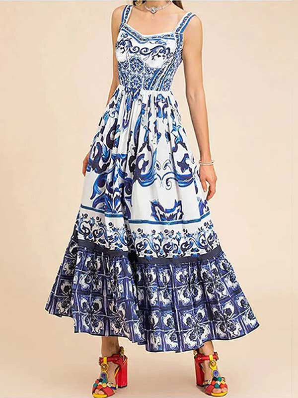 Elegant mid-length large-swing printed halter dress