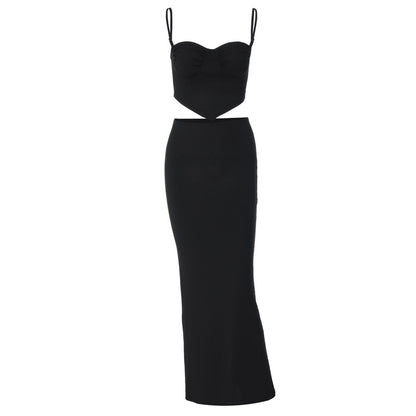 Solid color suspender wrap chest fashionable hip long skirt suit