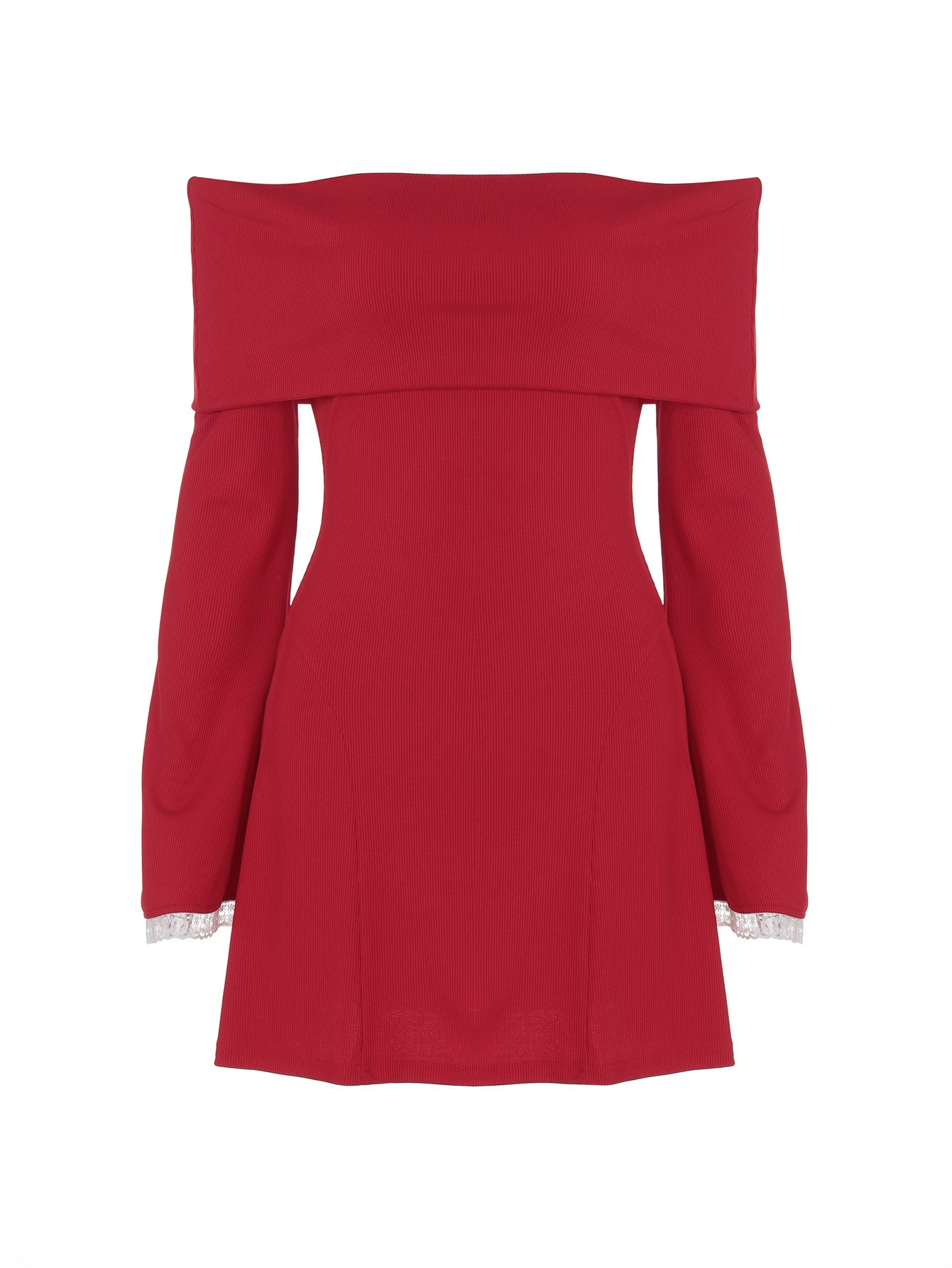 One-shoulder trumpet long-sleeved mini dress with lace trim