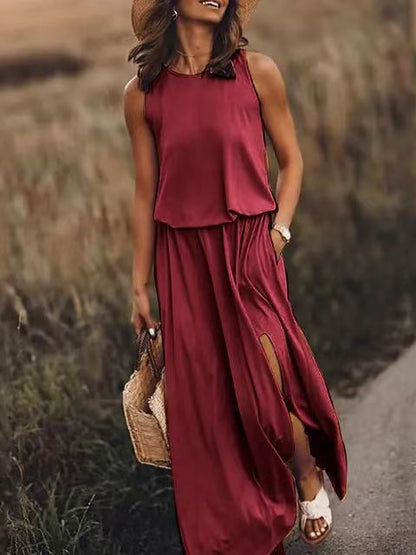 New Vacation Style Solid Color Round Collar Sleeveless Sling Lantern Split Dress Long Skirt