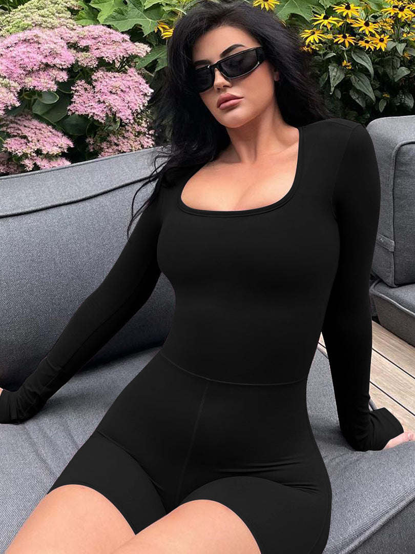 Long-sleeved U-neck hollow high-waist hip-lifting jumpsuit