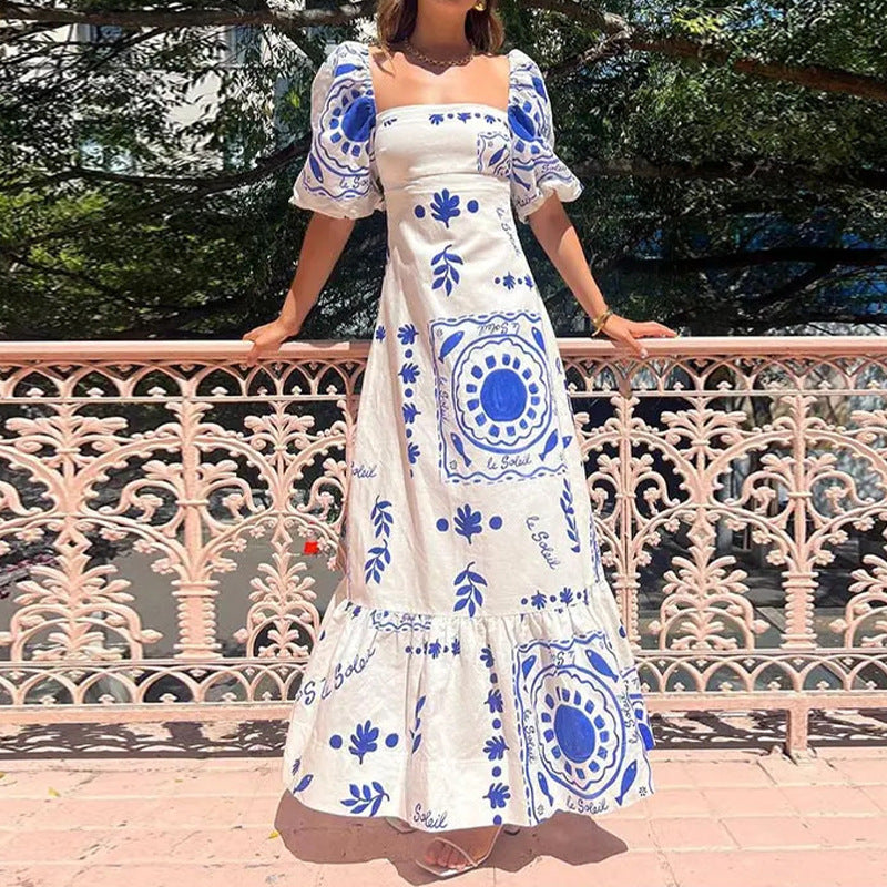 Women's fashion one-piece collar printed bubble short-sleeved oversized swing dress female