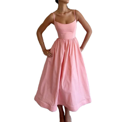 Dress Solid Color Sexy U Neck Waisted Pleated Halter Swing Dress