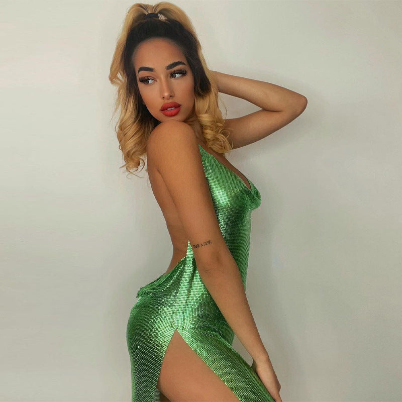 Sexy backless solid color slim fit slit dress