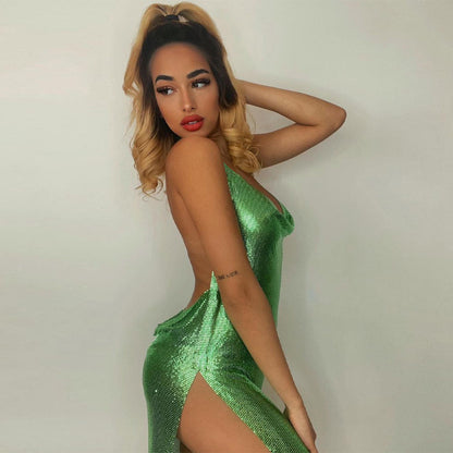 Sexy backless solid color slim fit slit dress