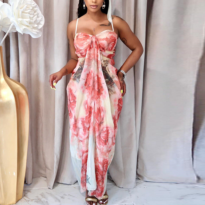 Digital Printing Chest Wrap Sleeveless Pleated Back