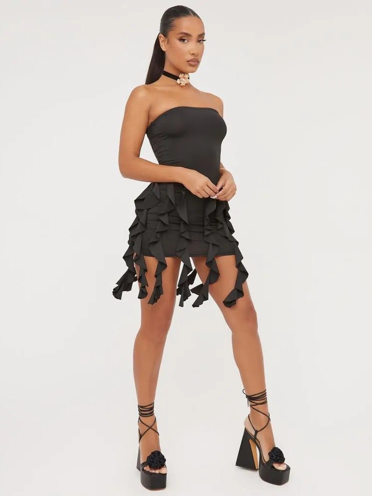 New fluttering strap breastplain sexy backless package hip ruffle dress women's clothing