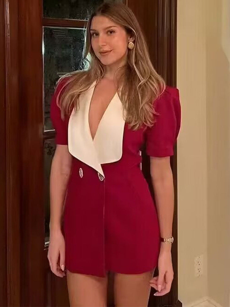 Temperament Suit Style Bow Embellished Backless Short Sleeve Dress