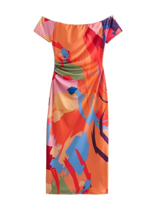 One-piece collar strapless Slim thin package hip printed minstrel short-sleeved dress women's clothing