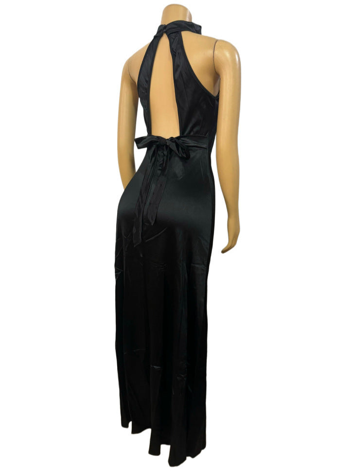 Half-high neck strapless sexy hollow backless tie package hip irregular dress women's clothing