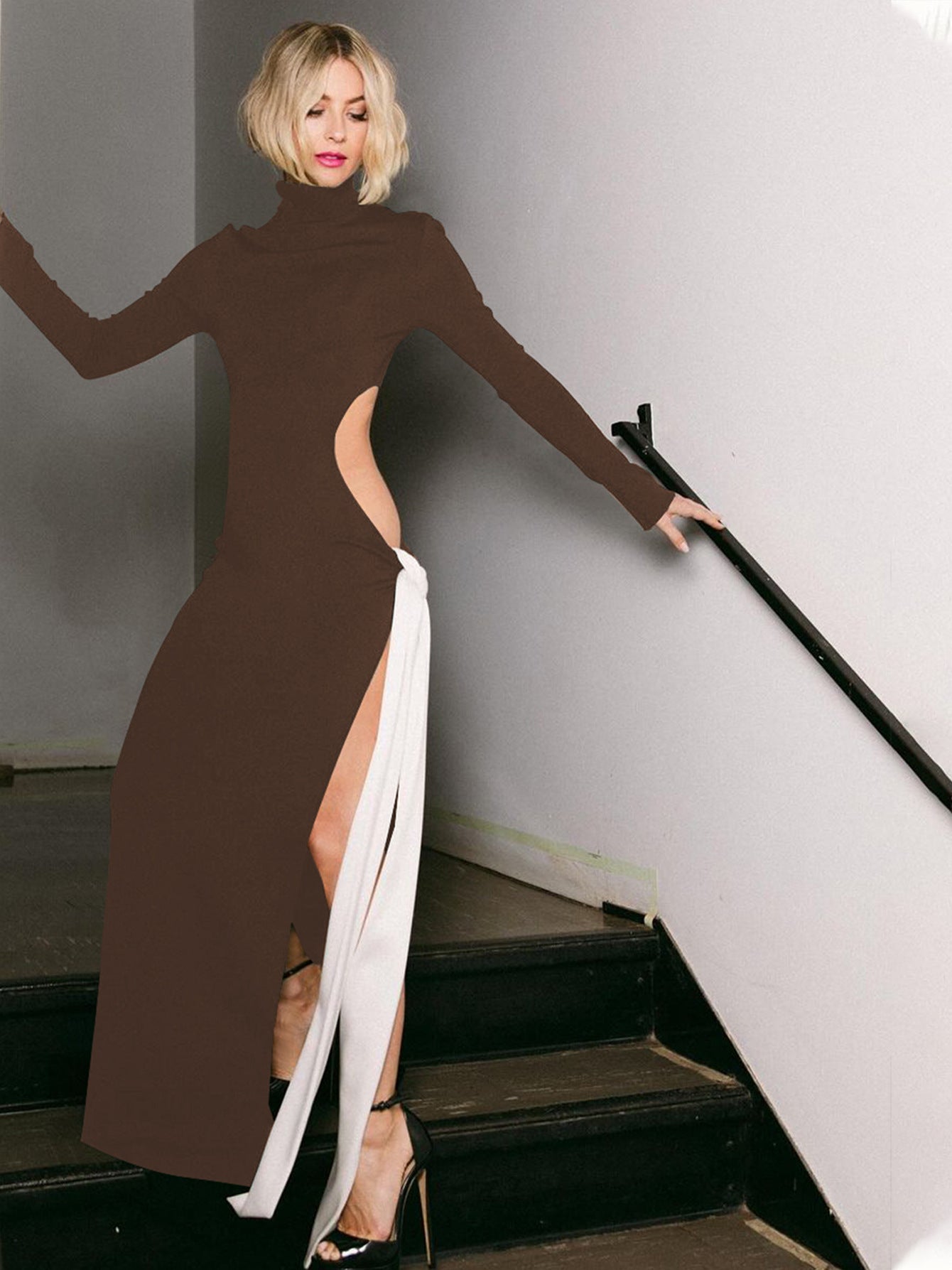 High collar, long sleeves, sexy slit, contrasting color ribbon fashion dress