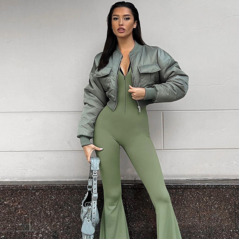 Fashion solid color tight zipper sports yoga jumpsuit