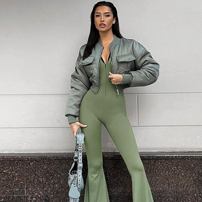 Fashion solid color tight zipper sports yoga jumpsuit