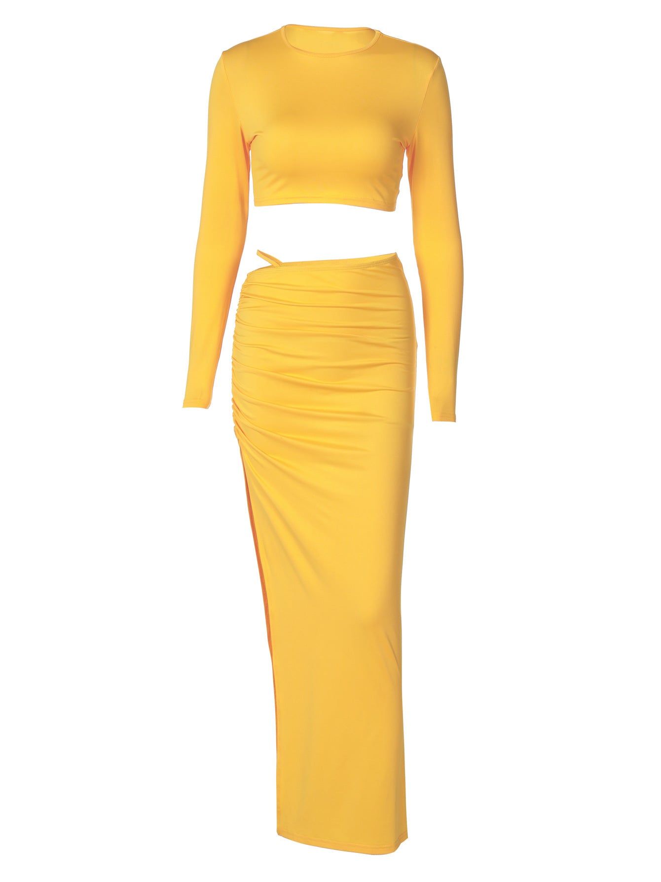 Solid color long sleeve round neck pleated slit long skirt two piece set