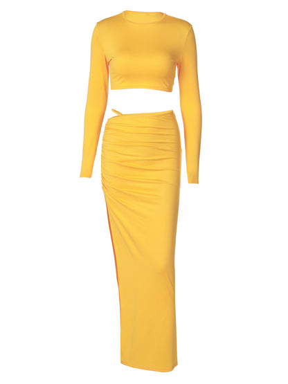 Solid color long sleeve round neck pleated slit long skirt two piece set