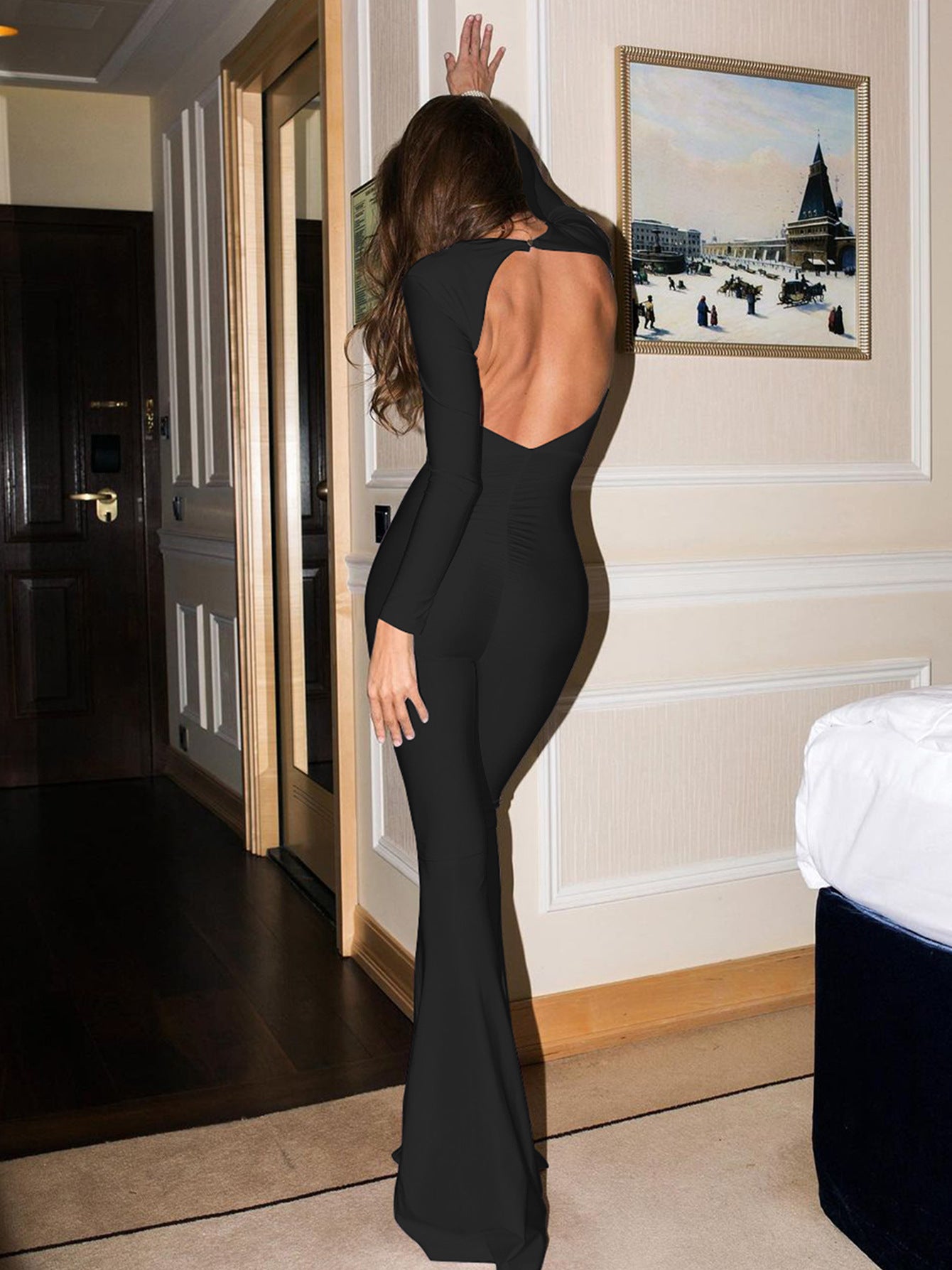 Solid color long sleeve sexy backless fashion slim fit jumpsuit