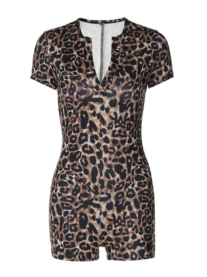 Leopard Print Short Sleeve V-Neck Fashion Tight Hip-Lifting Jumpsuit