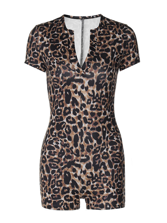 Leopard Print Short Sleeve V-Neck Fashion Tight Hip-Lifting Jumpsuit
