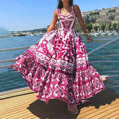 Elegant mid-length large-swing printed halter dress