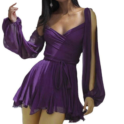 Women's Temperament Women's v-neck solid color sexy elegant pleated dress