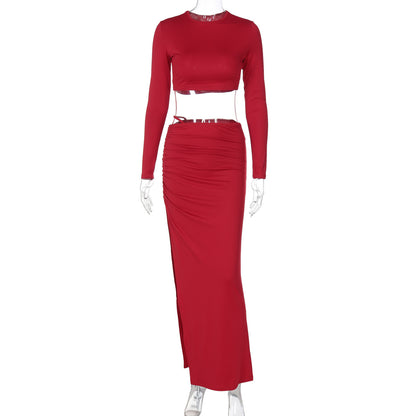Solid color long sleeve round neck pleated slit long skirt two piece set