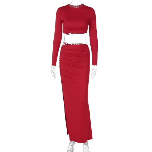 Solid color long sleeve round neck pleated slit long skirt two piece set