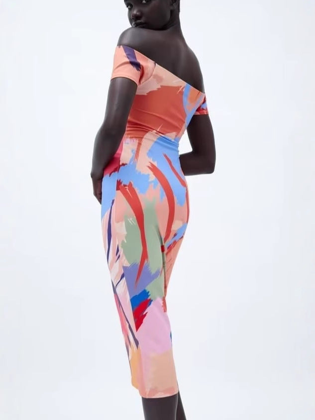 One-piece collar strapless Slim thin package hip printed minstrel short-sleeved dress women's clothing