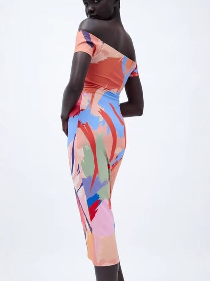 One-piece collar strapless Slim thin package hip printed minstrel short-sleeved dress women's clothing