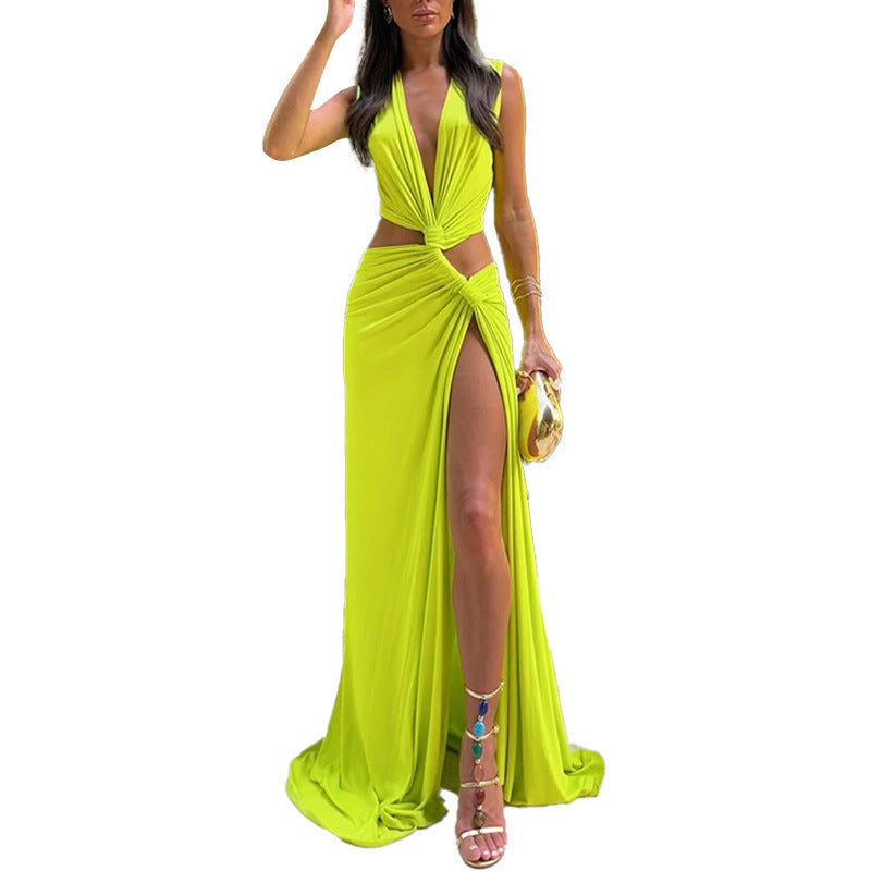 Fashion Skeleton Knot Slit V-Neck Sleeveless Pleated Irregular Dress
