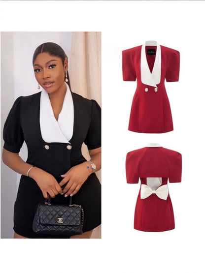 Temperament Suit Style Bow Embellished Backless Short Sleeve Dress
