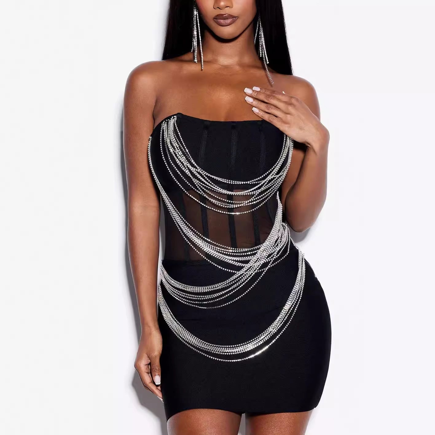 One-shoulder sister breast-smoothing package hip short dress hot drill sexy Slim dress