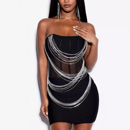 One-shoulder sister breast-smoothing package hip short dress hot drill sexy Slim dress