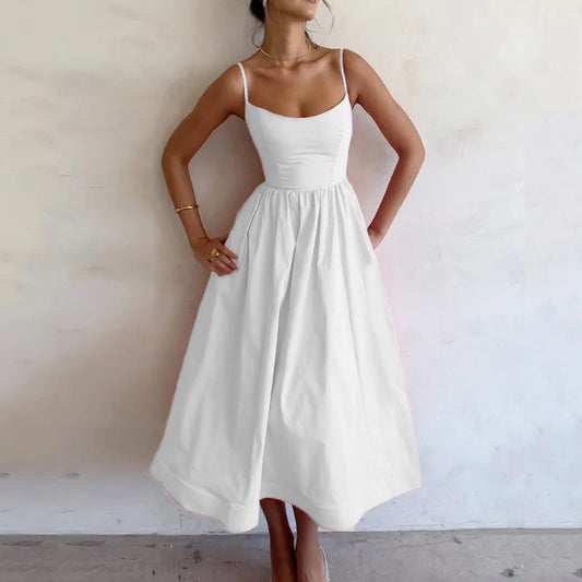 Dress Solid Color Sexy U Neck Waisted Pleated Halter Swing Dress