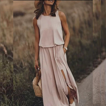 New Vacation Style Solid Color Round Collar Sleeveless Sling Lantern Split Dress Long Skirt