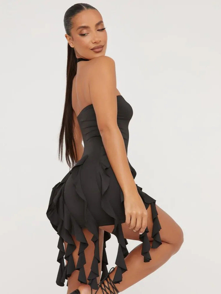 New fluttering strap breastplain sexy backless package hip ruffle dress women's clothing
