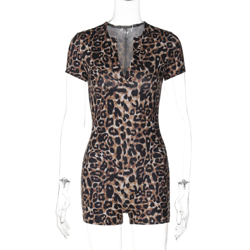 Leopard Print Short Sleeve V-Neck Fashion Tight Hip-Lifting Jumpsuit