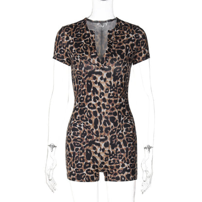 Leopard Print Short Sleeve V-Neck Fashion Tight Hip-Lifting Jumpsuit
