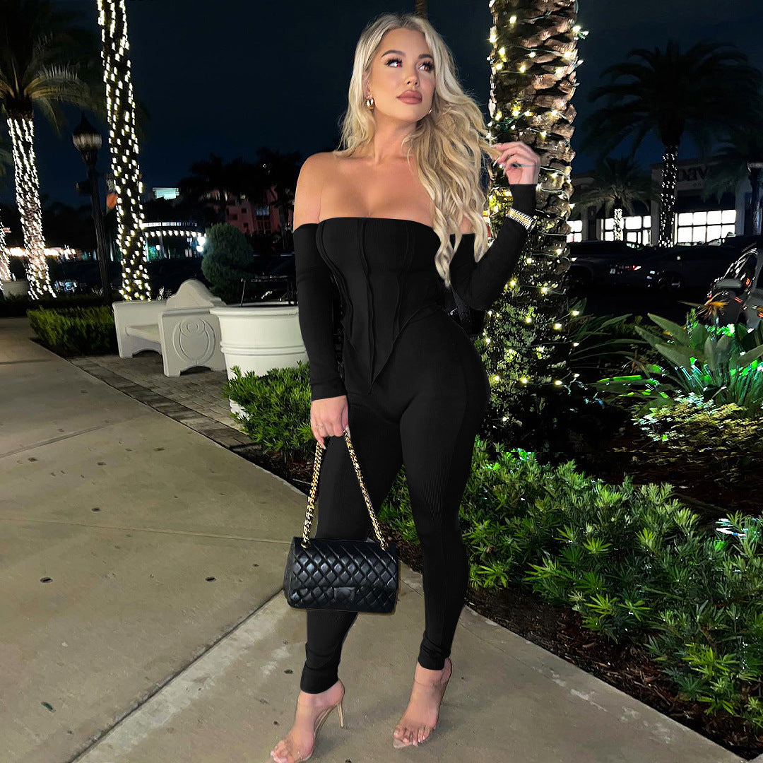 Sexy off-the-shoulder long-sleeved trousers two-piece suit