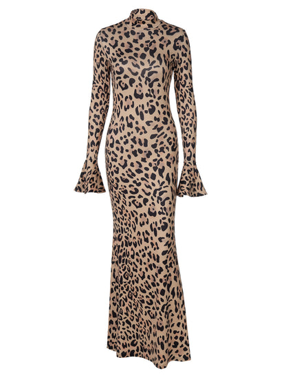 Leopard print maxi dress high collar long sleeves temperament slim fit dress