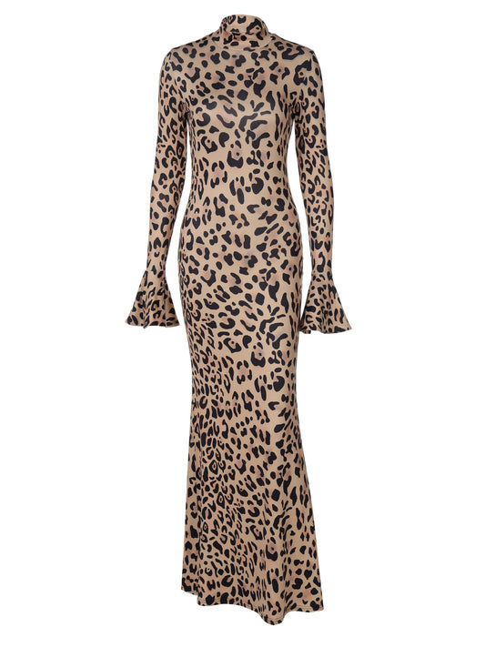 Leopard print maxi dress high collar long sleeves temperament slim fit dress
