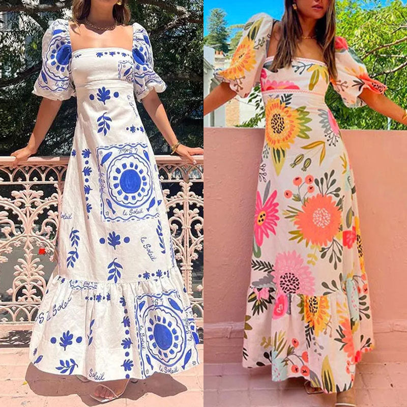 Women's fashion one-piece collar printed bubble short-sleeved oversized swing dress female