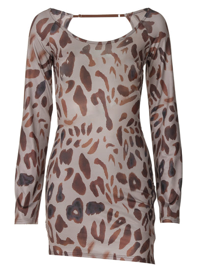 Leopard print open back long sleeve dress