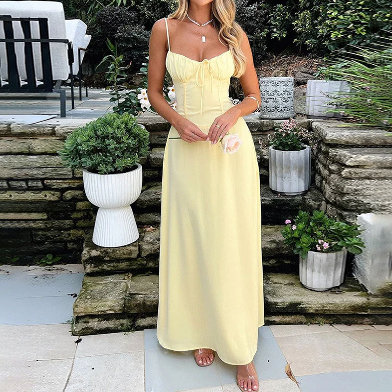 Women's New Temperament Elegant Lacing A Word Solid Color Mid-Length Dresses