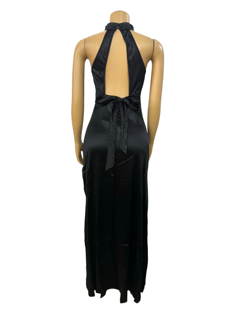 Half-high neck strapless sexy hollow backless tie package hip irregular dress women's clothing