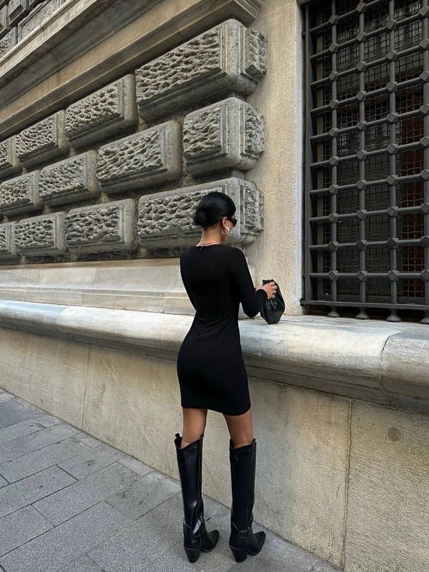 New Women's Round Collar Sexy Hollow Heart Shape Long Sleeve Dresses