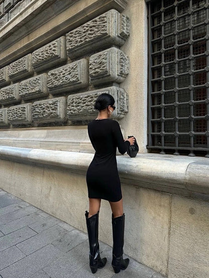 New Women's Round Collar Sexy Hollow Heart Shape Long Sleeve Dresses