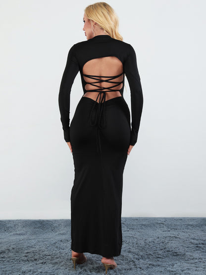 Round neck long sleeve lace-up open back slit hip dress